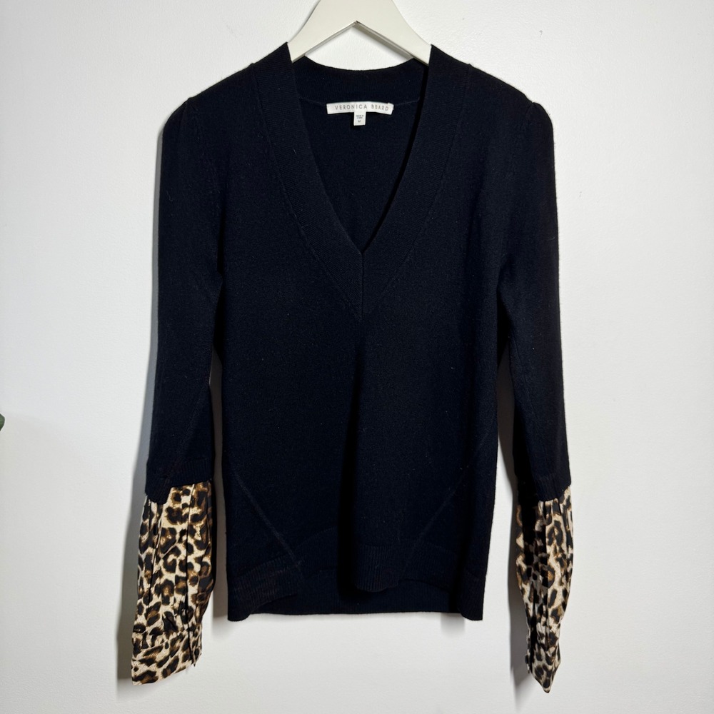 Veronica Beard Black Cashmere V-Neck Sweater Leopard Silk Cuffs M Quite Luxury
